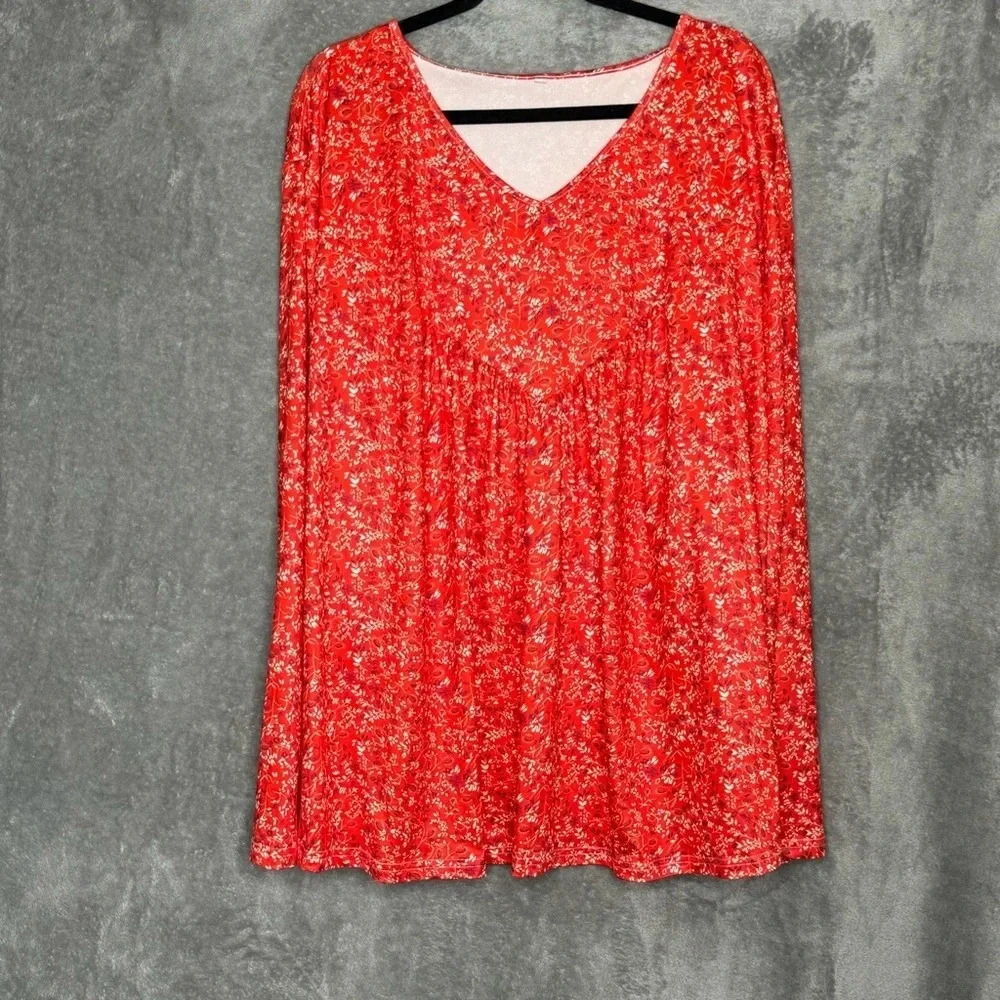 Amazon 4X Shirt Top Orange Floral Flower Long Sleeve V Neck Stretch Womens